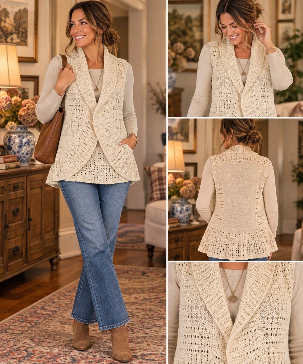 ANA Vest Womens XL Ivory Open Knit Shawl Collar Ruffle Hem Boho Hippy READ L1